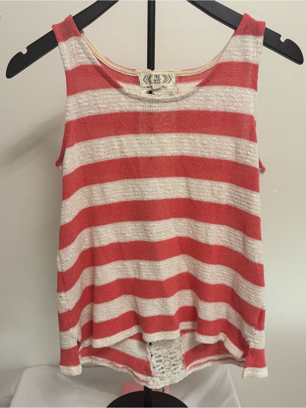 Striped Coral and Cream Knit Tank with Lace Hem Size Medium
